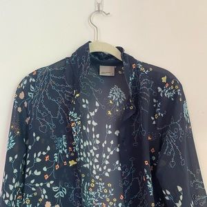 Navy Blue Floral Long Sheer Overshirt